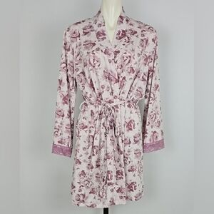 La Vie en Rose Women's Pink White Floral Soft Wrap Robe Lace Trim Tie Belt Sz M